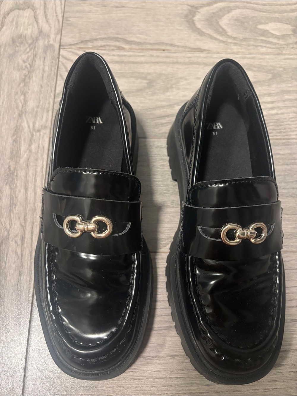 Kids Zara Black Patent Loafers with Metal Link Accent